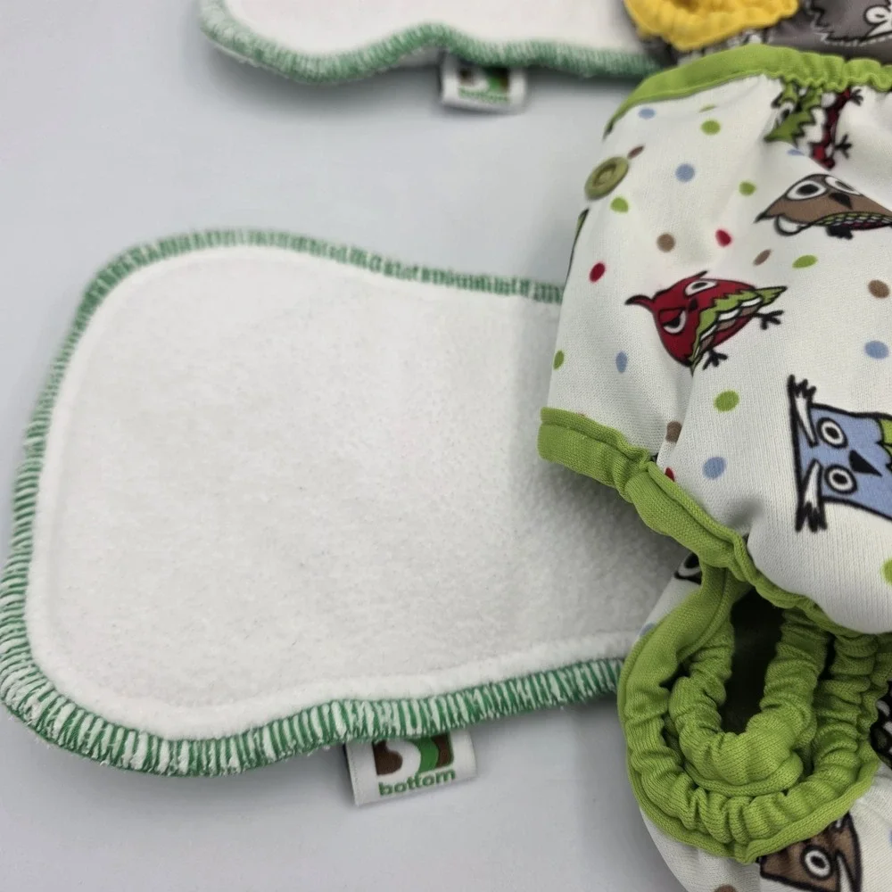 2 Best Bottom One Size Yellow & Green Themed Diapers & 2 White & Green Inserts